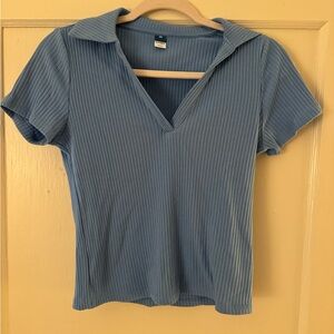 Blue Ribbed V-Neck Women's Top